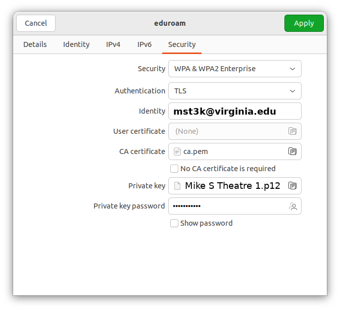 eduroam wifi config dialog